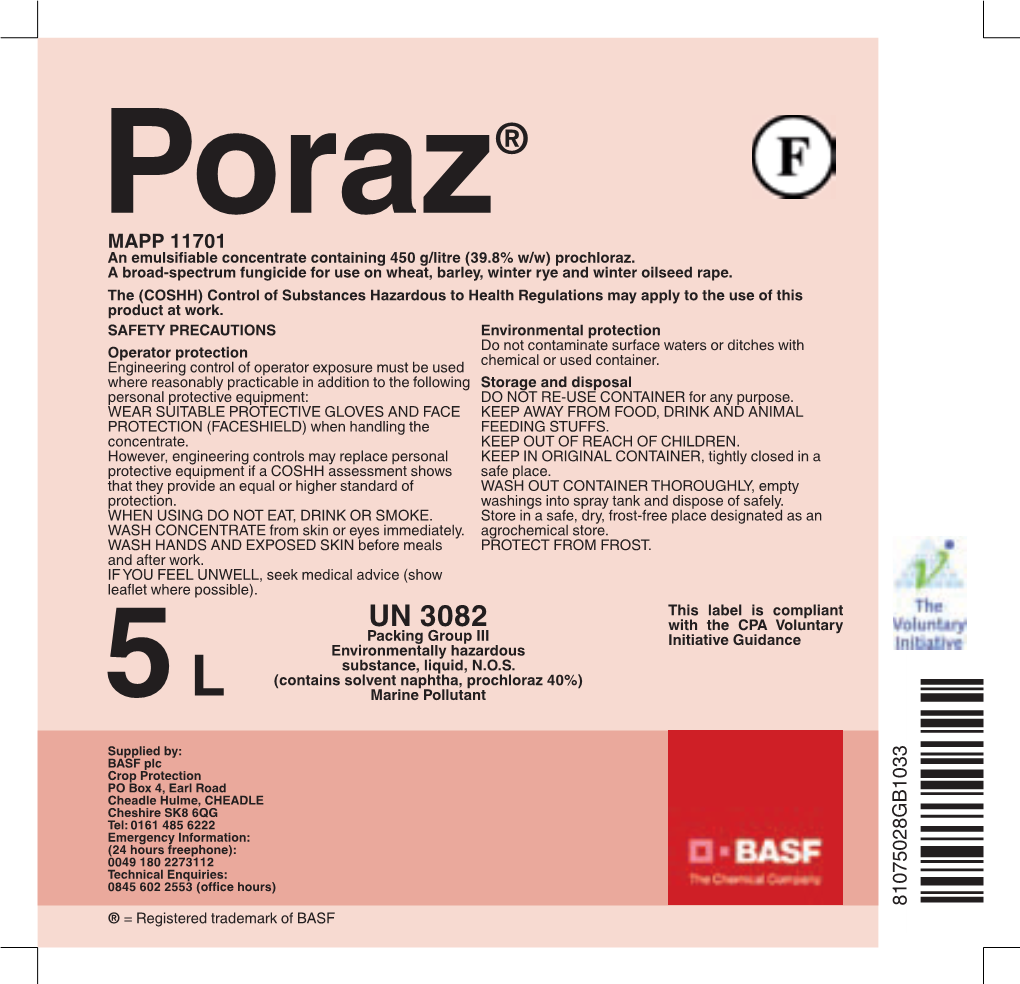 Poraz® an Emulsifiable Concentrate Containing 450 G/Litre Prochloraz