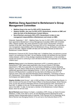 Matthias Dang Appointed to Bertelsmann's Group Management Committee