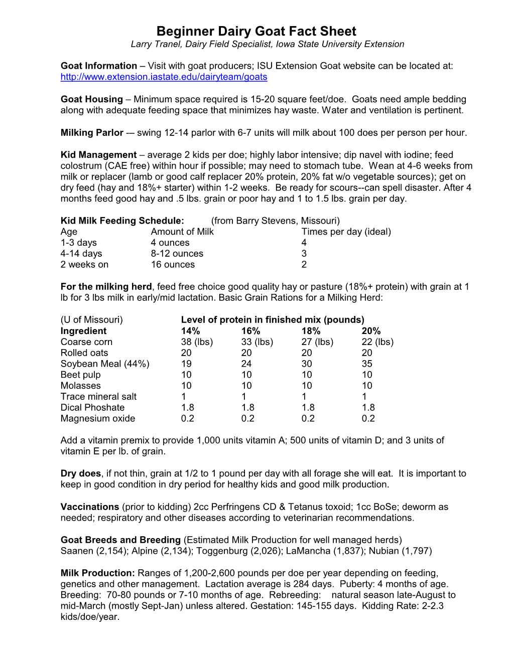 Beginner Dairy Goat Fact Sheet Larry Tranel, Dairy Field Specialist, Iowa State University Extension