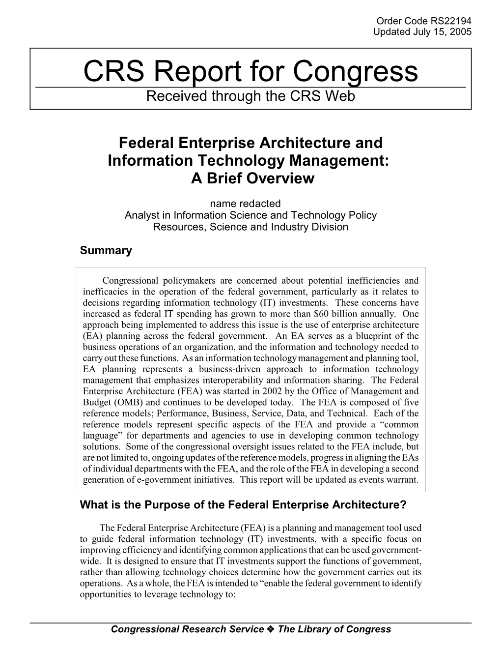 Federal Enterprise Architecture and Information Technology Management: a Brief Overview