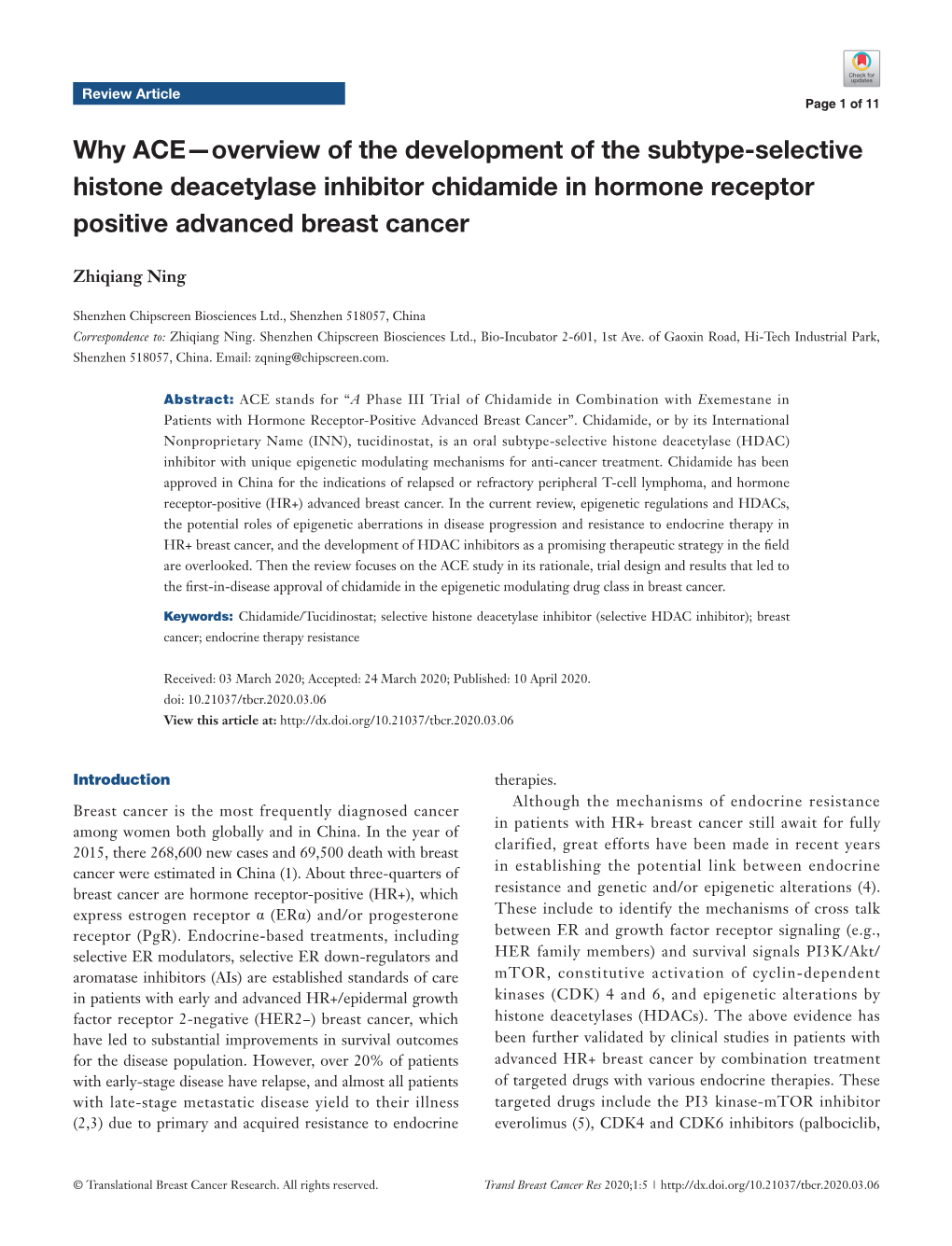 Why ACE—Overview of the Development of the Subtype-Selective Histone Deacetylase Inhibitor Chidamide in Hormone Receptor Positive Advanced Breast Cancer