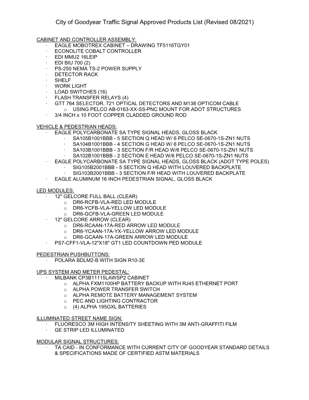 City of Goodyear Traffic Signal Approved Products List (Revised 08/2021)