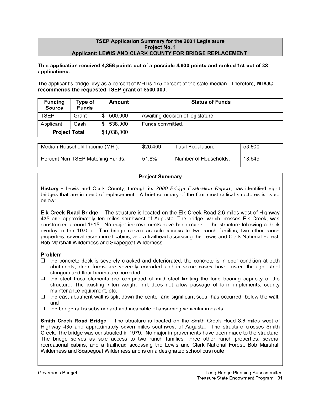 TSEP Application Summary for the 2001 Legislature