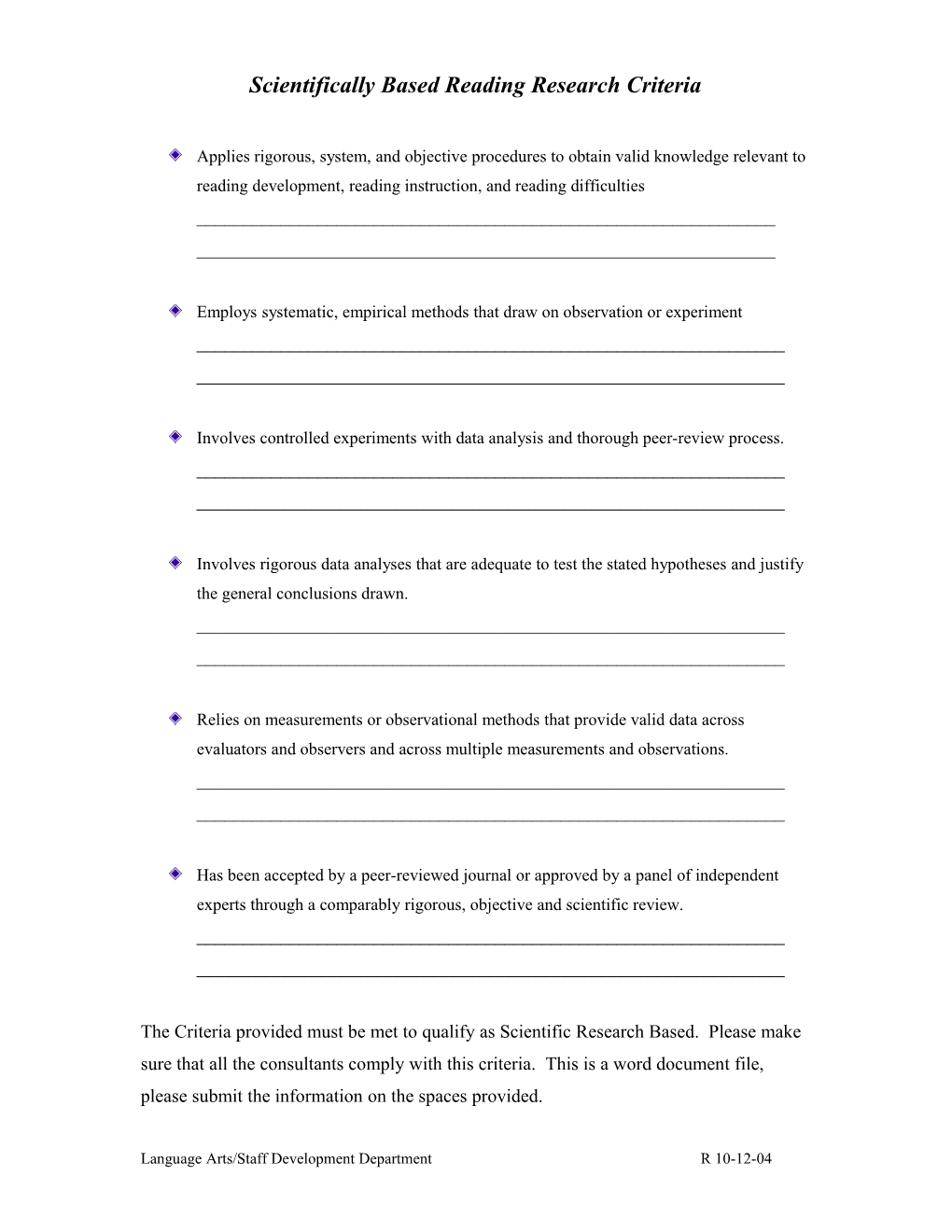 Scientifically Based Reading Research Criteria