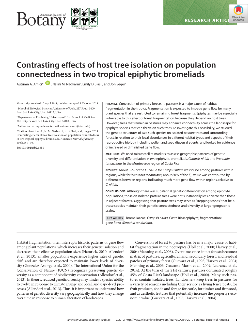 Contrasting Effects of Host Tree Isolation on Population Connectedness in Two Tropical Epiphytic Bromeliads