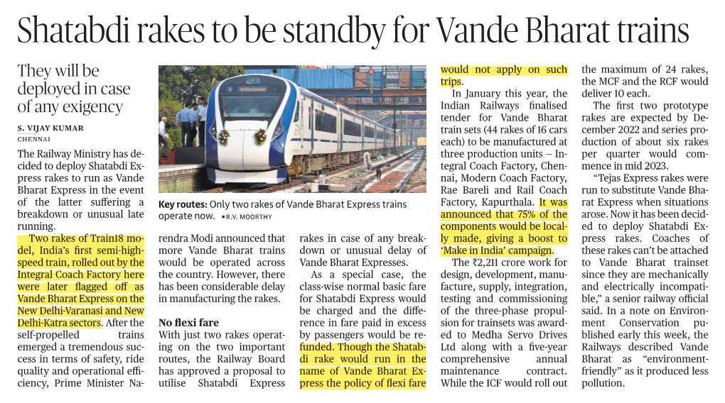 Shatabdi Rakes to Be Standby for Vande Bharat Trains