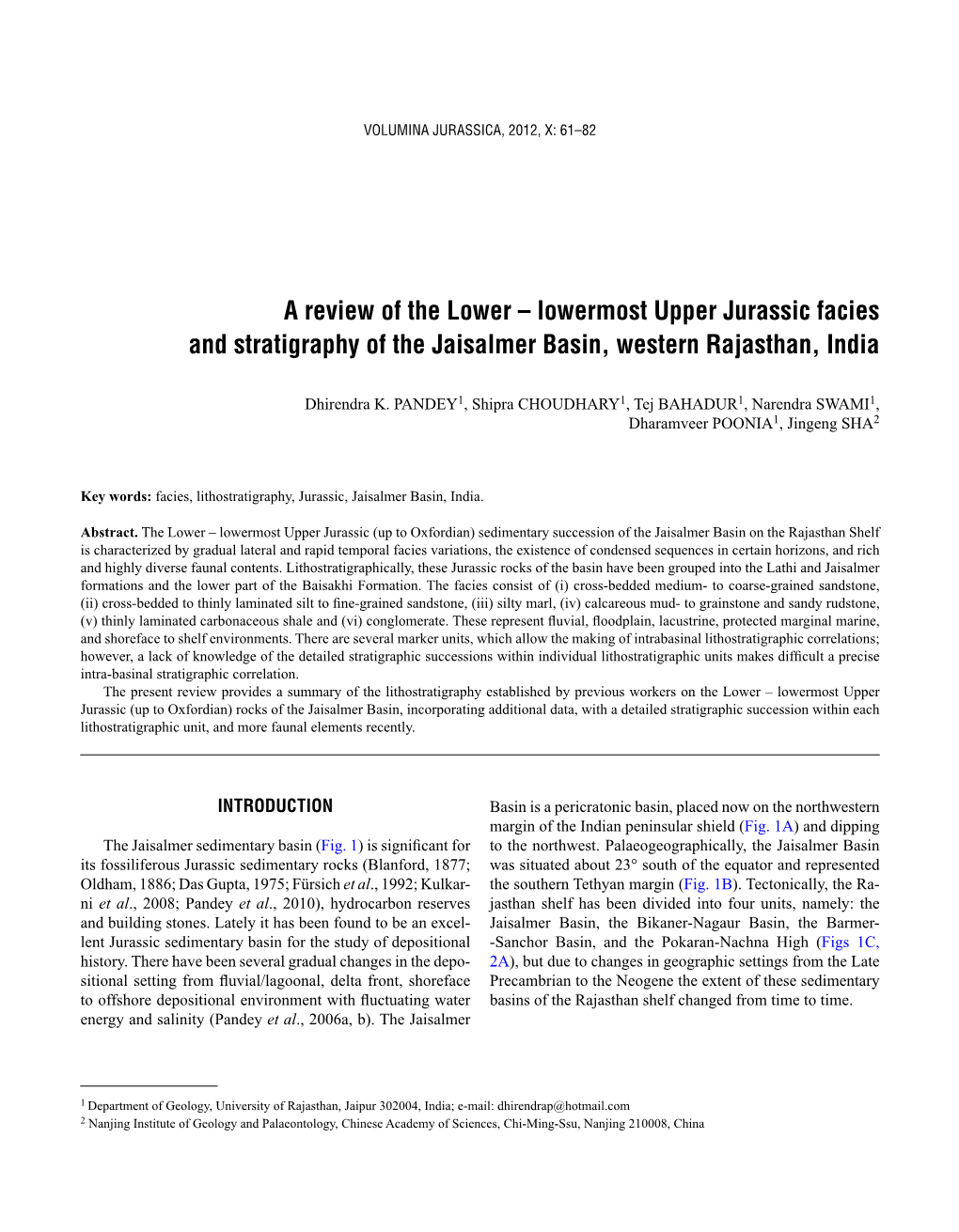 Lowermost Upper Jurassic Facies and Stratigraphy of the Jaisalmer Basin, Western Rajasthan, India