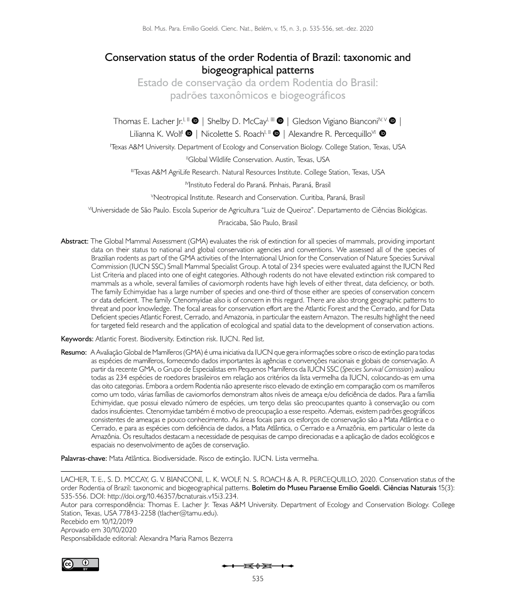 Conservation Status of the Order Rodentia of Brazil: Taxonomic And