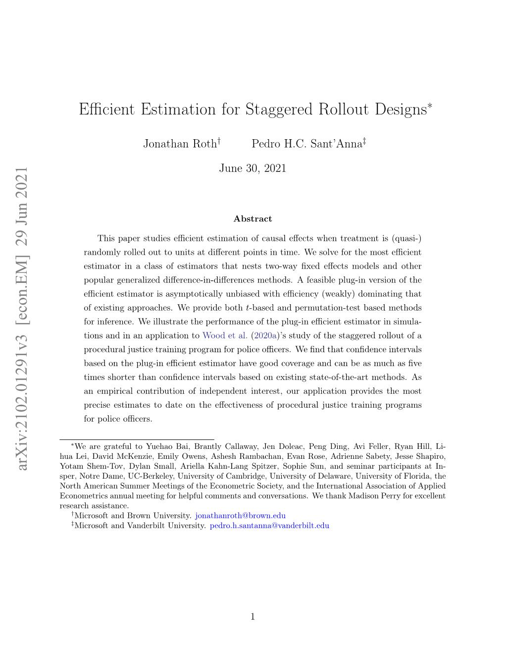 Efficient Estimation for Staggered Rollout Designs Arxiv:2102.01291V3