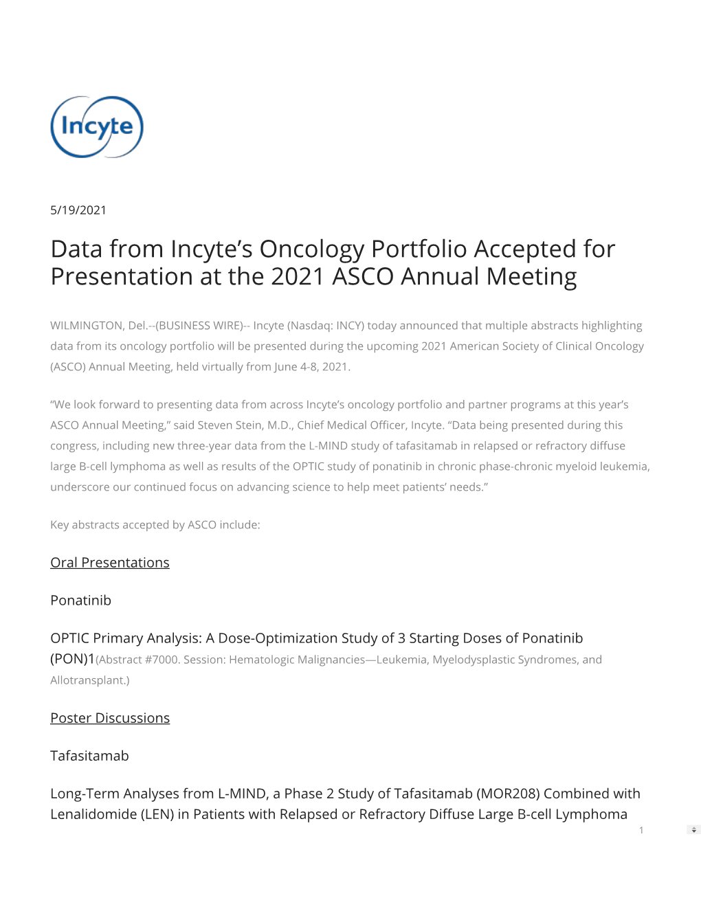 Data from Incyte's Oncology Portfolio Accepted for Presentation at The