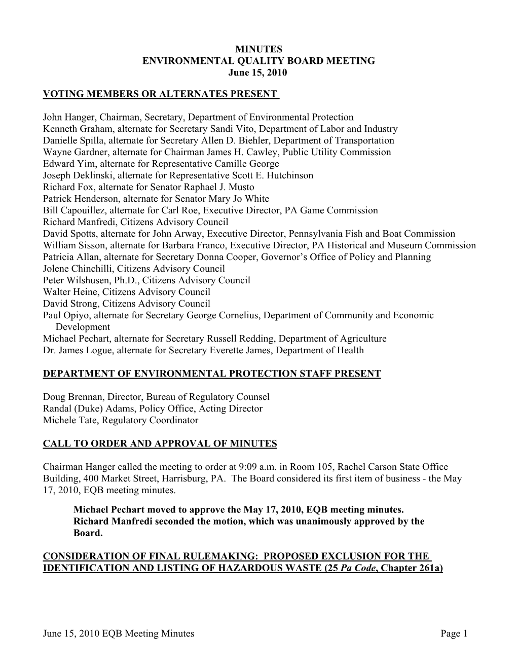 MINUTES ENVIRONMENTAL QUALITY BOARD MEETING June 15, 2010