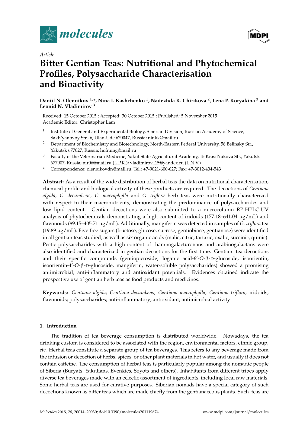 Bitter Gentian Teas: Nutritional and Phytochemical Proﬁles, Polysaccharide Characterisation and Bioactivity