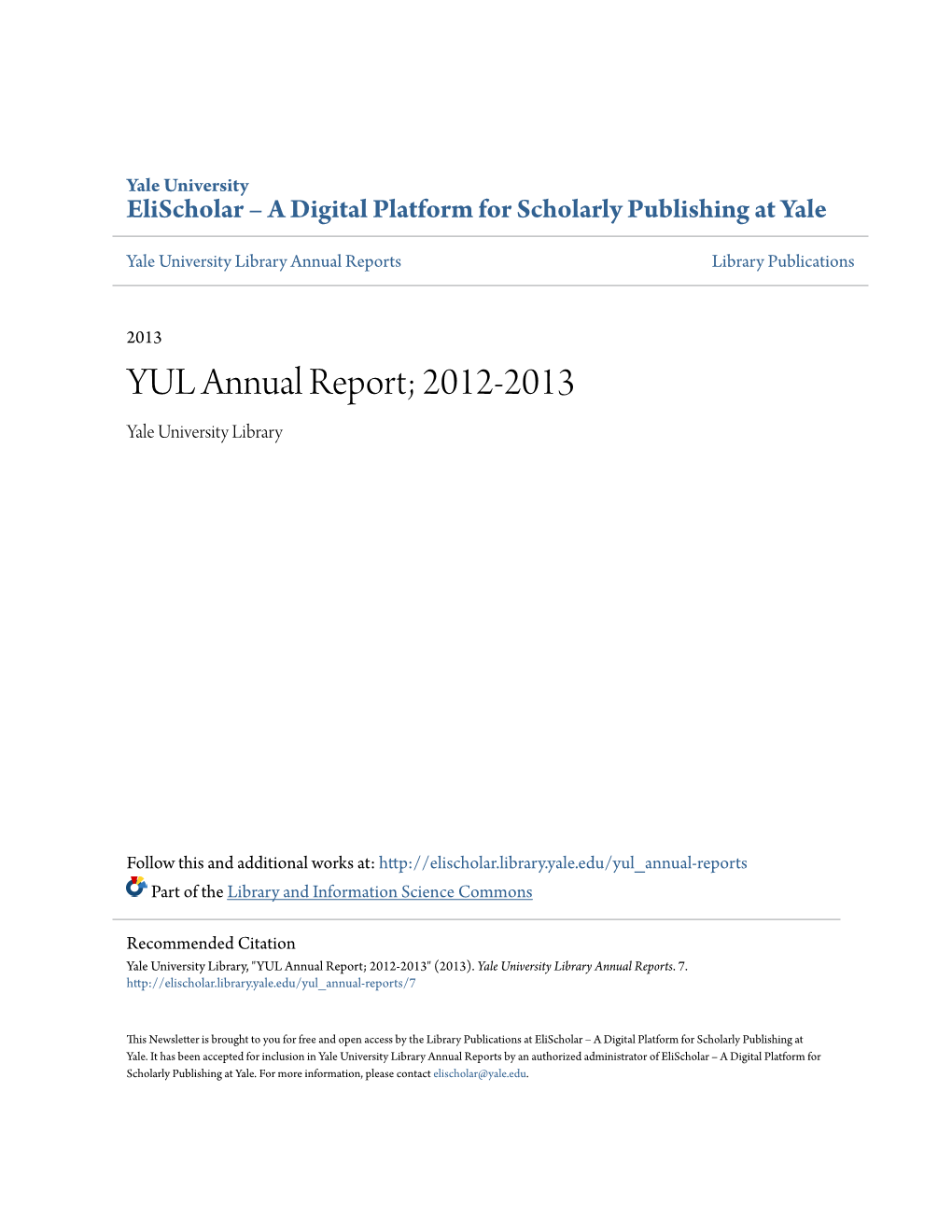 YUL Annual Report; 2012-2013 Yale University Library