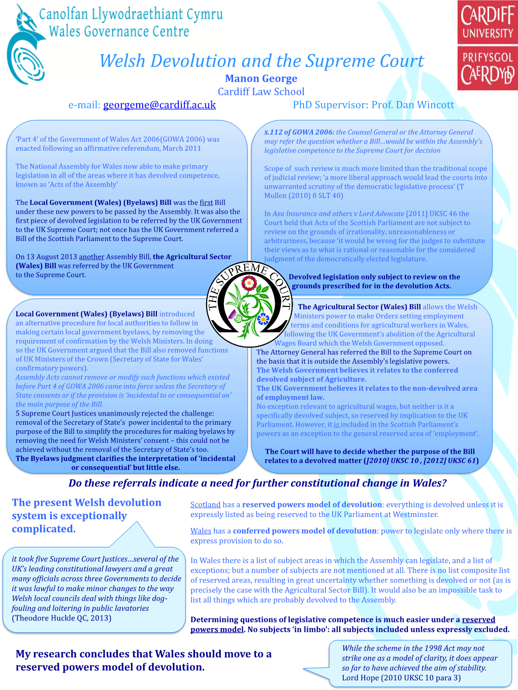 Welsh Devolution and the Supreme Court Manon George Cardiff Law School E-Mail: Georgeme@Cardiff.Ac.Uk Phd Supervisor: Prof