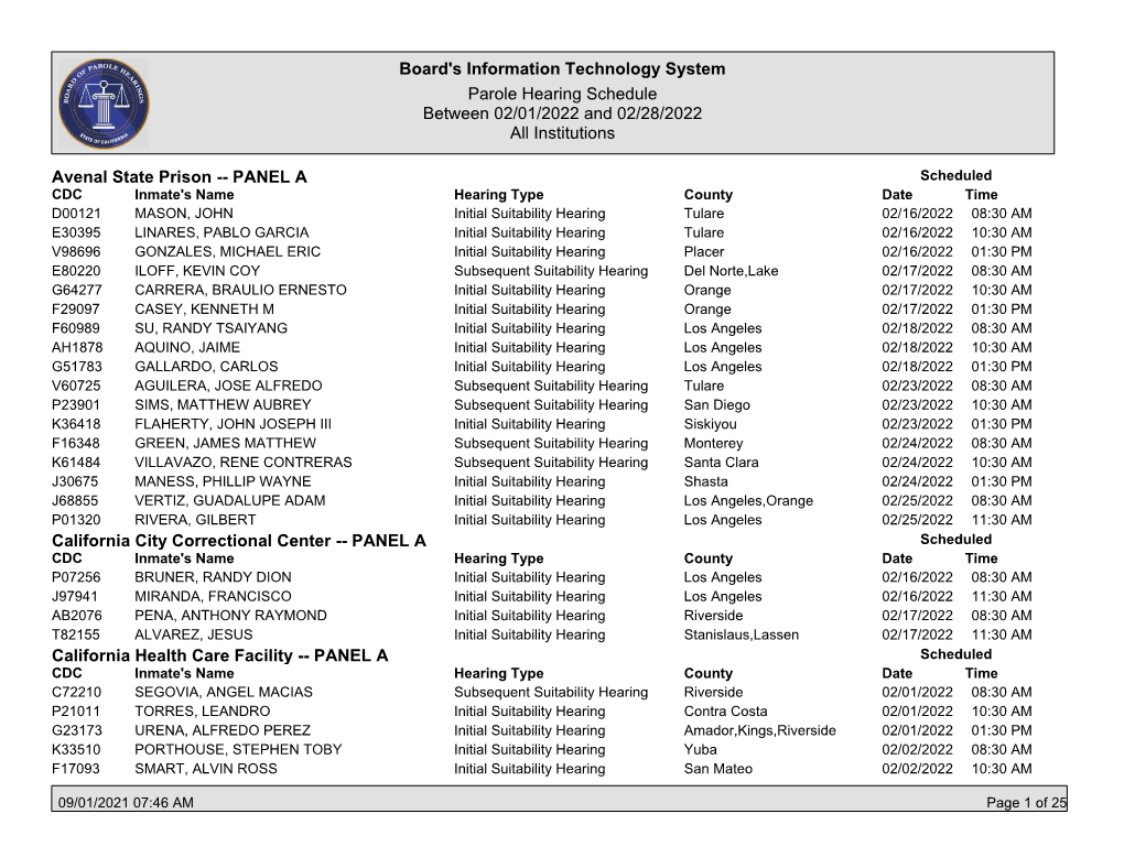 February 2022 Hearing Schedule (Updated 9/1/2021)