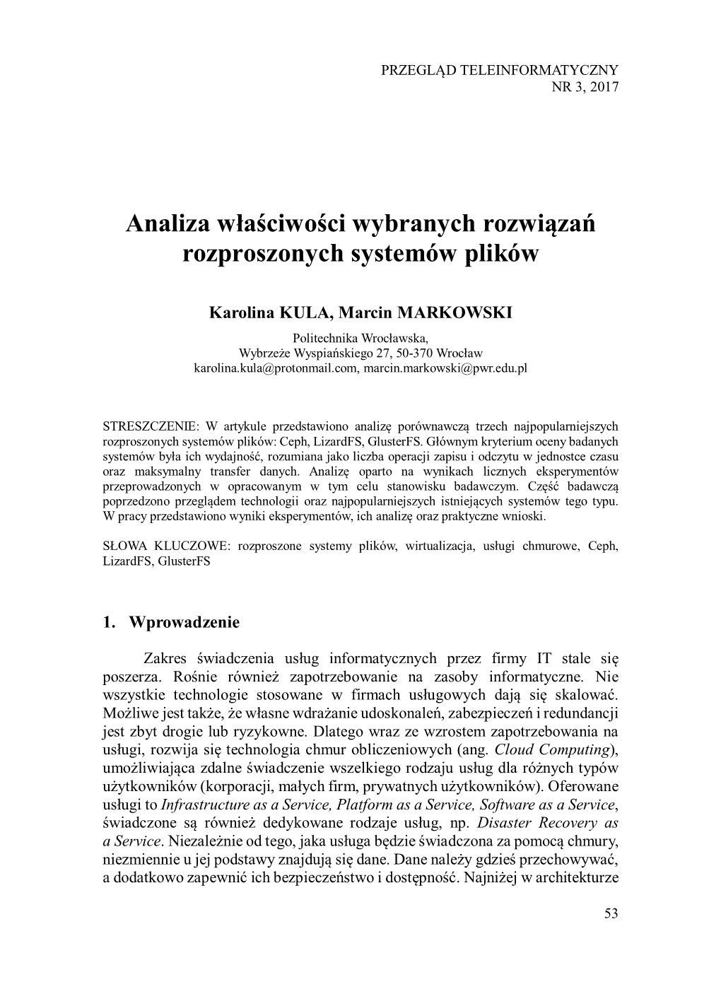 Analiza Właściwości Wybranych Rozwiązań Rozproszonych Systemów Plików