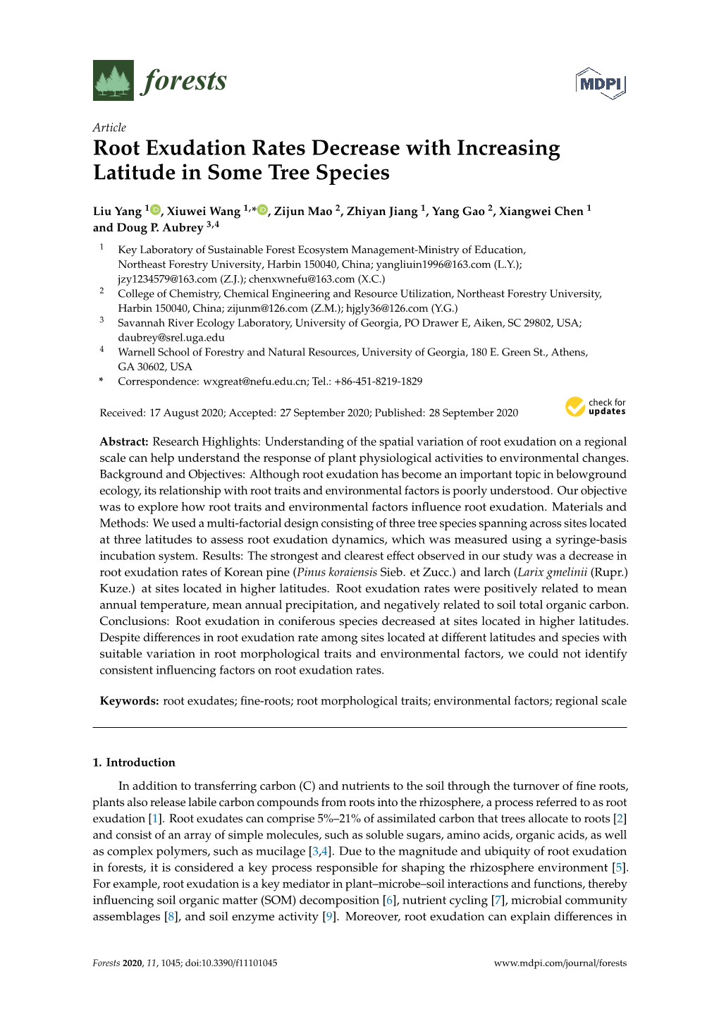 Root Exudation Rates Decrease with Increasing Latitude in Some Tree Species