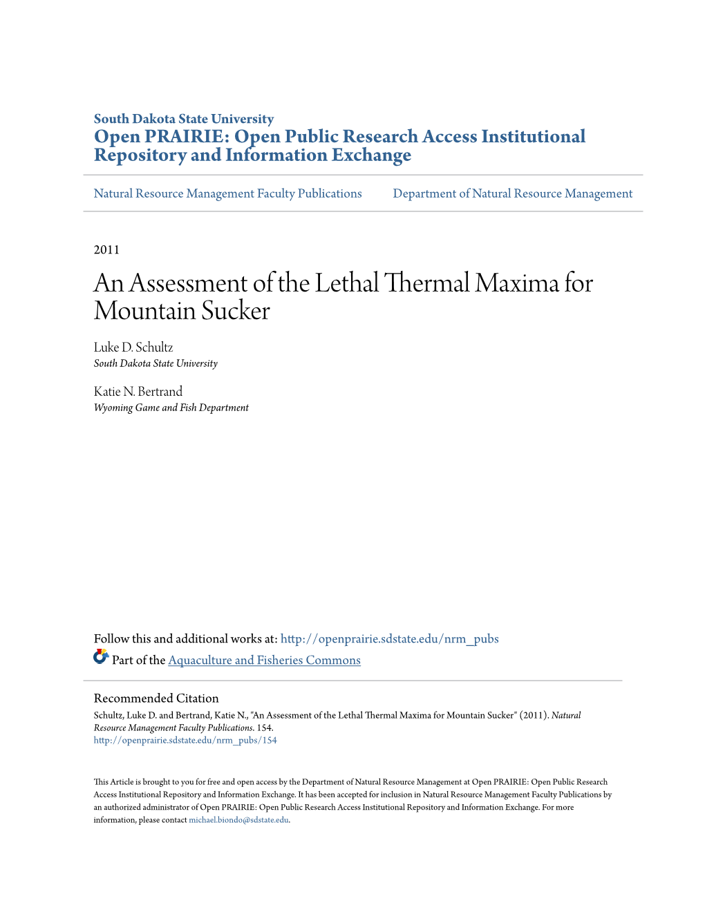 An Assessment of the Lethal Thermal Maxima for Mountain Sucker Luke D