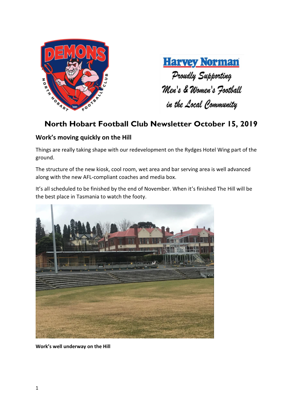 North Hobart Football Club Newsletter October 15, 2019