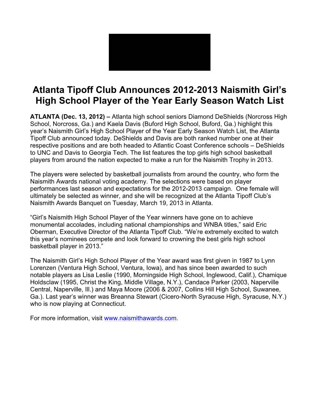 Atlanta Tipoff Club Announces 2012-2013 Naismith Girl's High School Player of the Year Early Season Watch List