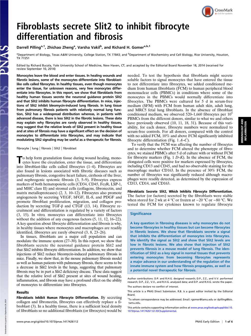 Fibroblasts Secrete Slit2 to Inhibit Fibrocyte Differentiation and Fibrosis