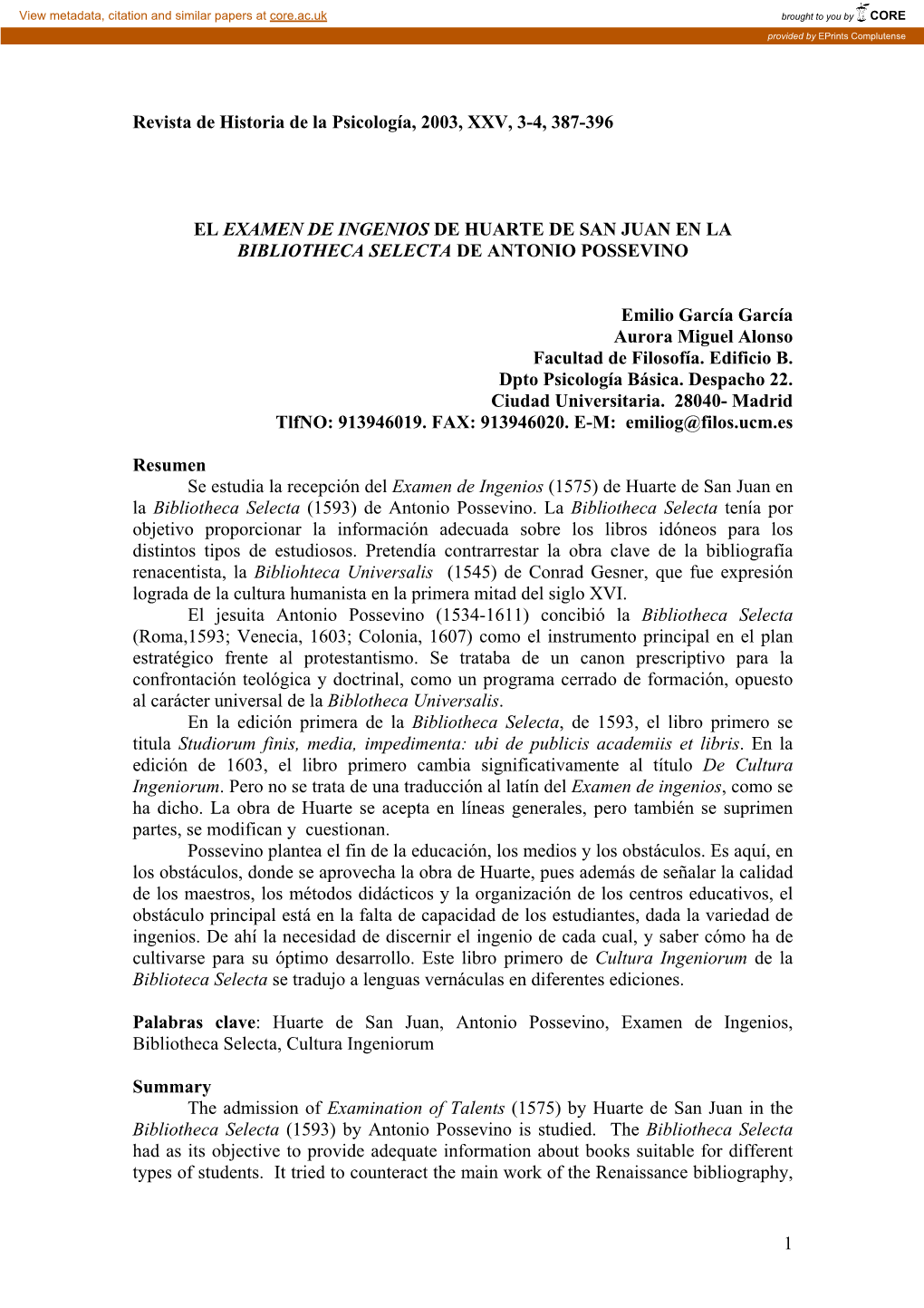 El Examen De Ingenios De Huarte De San Juan En La Bibliotheca Selecta De Antonio Possevino