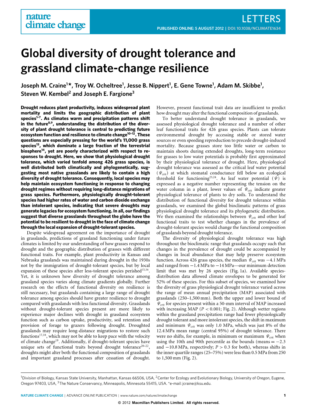 Global Diversity of Drought Tolerance and Grassland Climate-Change Resilience