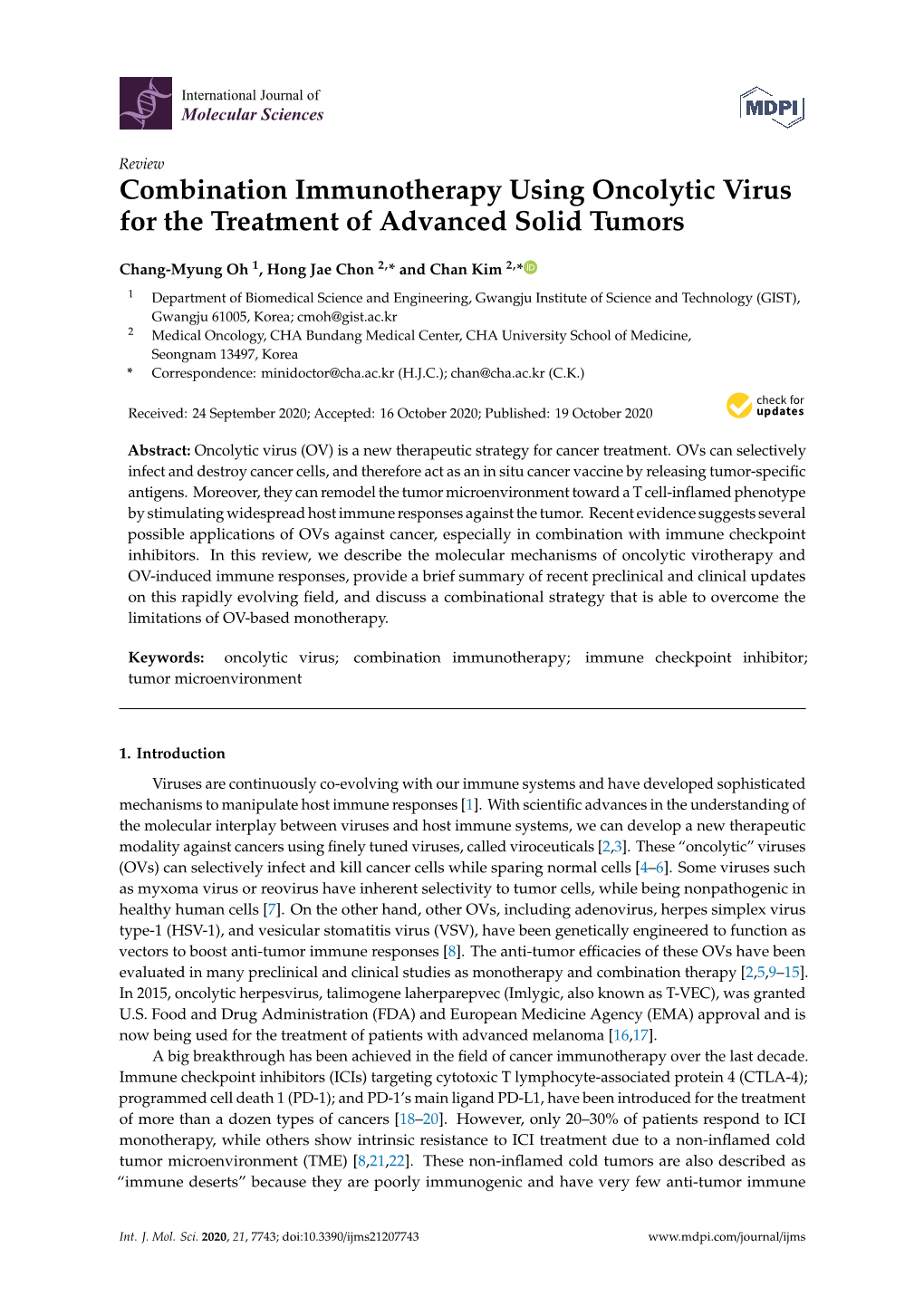 Combination Immunotherapy Using Oncolytic Virus for the Treatment of Advanced Solid Tumors