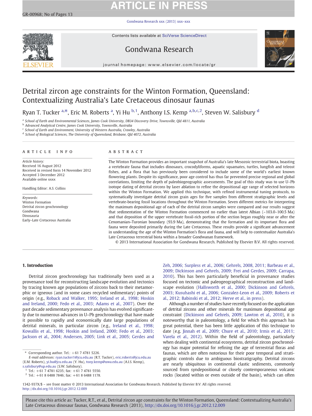 Detrital Zircon Age Constraints for the Winton Formation, Queensland: Contextualizing Australia's Late Cretaceous Dinosaur Faunas