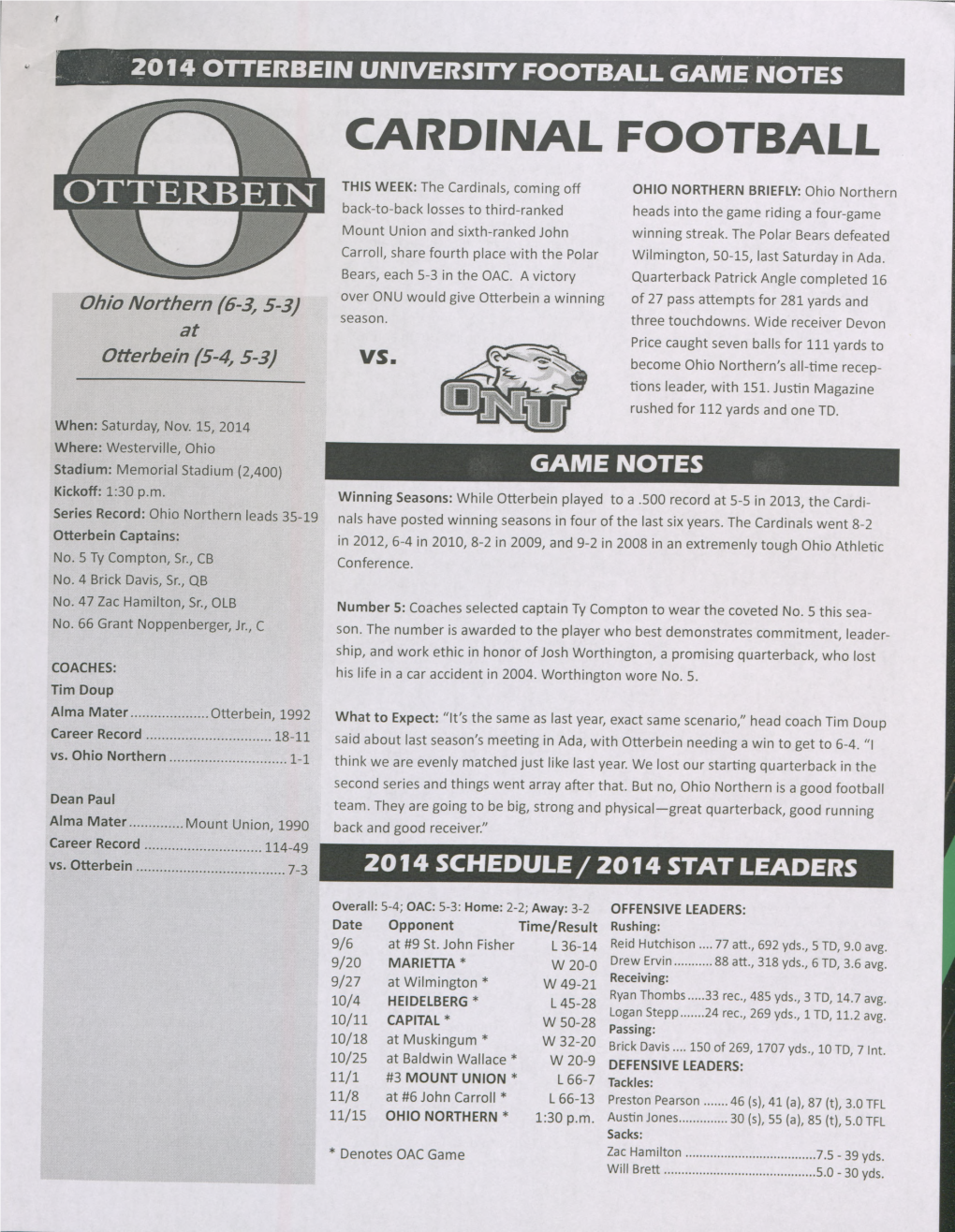 2014 Otterbein University Football Game Notes Cardinal Football