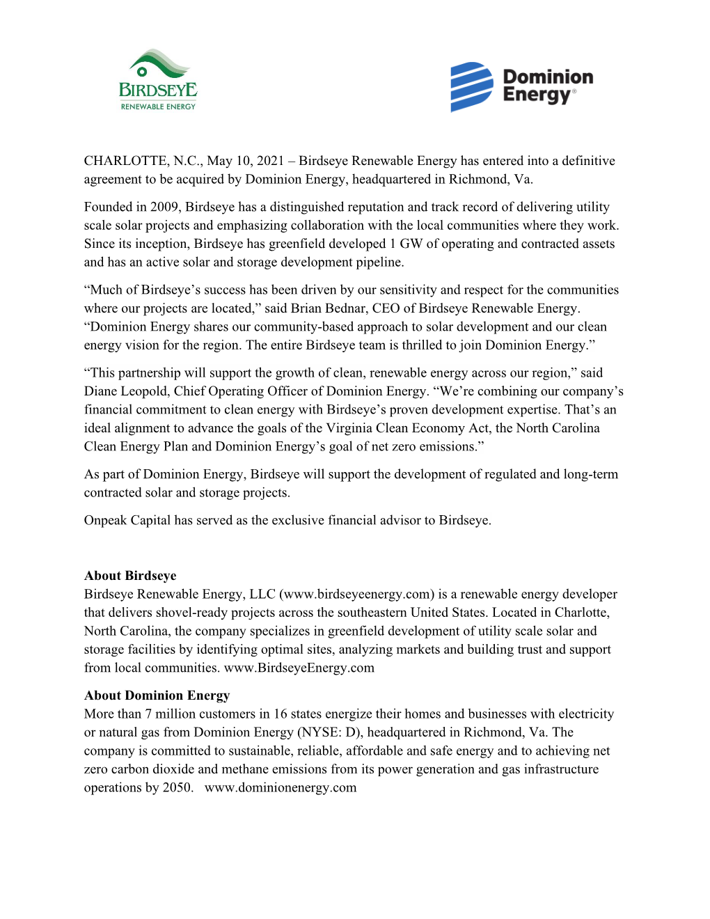 Dominion Energy Acquires Birdseye