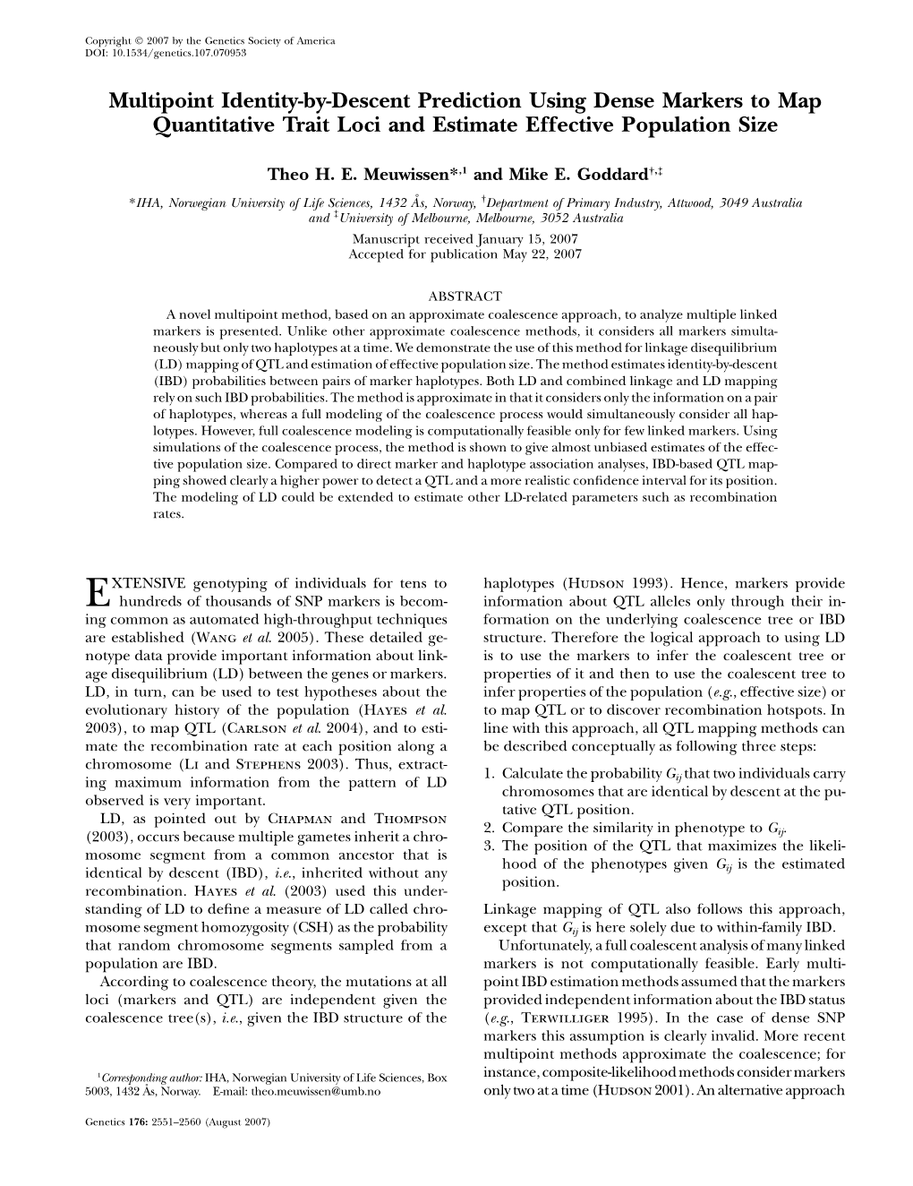 Multipoint Identity-By-Descent Prediction Using Dense Markers to Map Quantitative Trait Loci and Estimate Effective Population Size