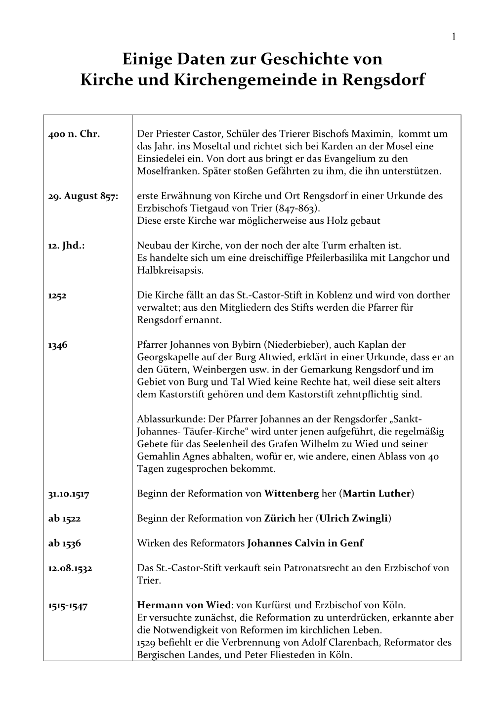 Einige Daten Zur Geschichte Von Kirche Und Kirchengemeinde in Rengsdorf