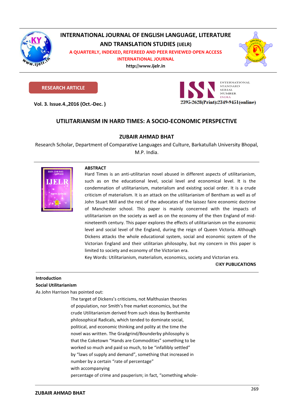 Utilitarianism in Hard Times: a Socio-Economic Perspective International Journal of English Language, Literature and Translation