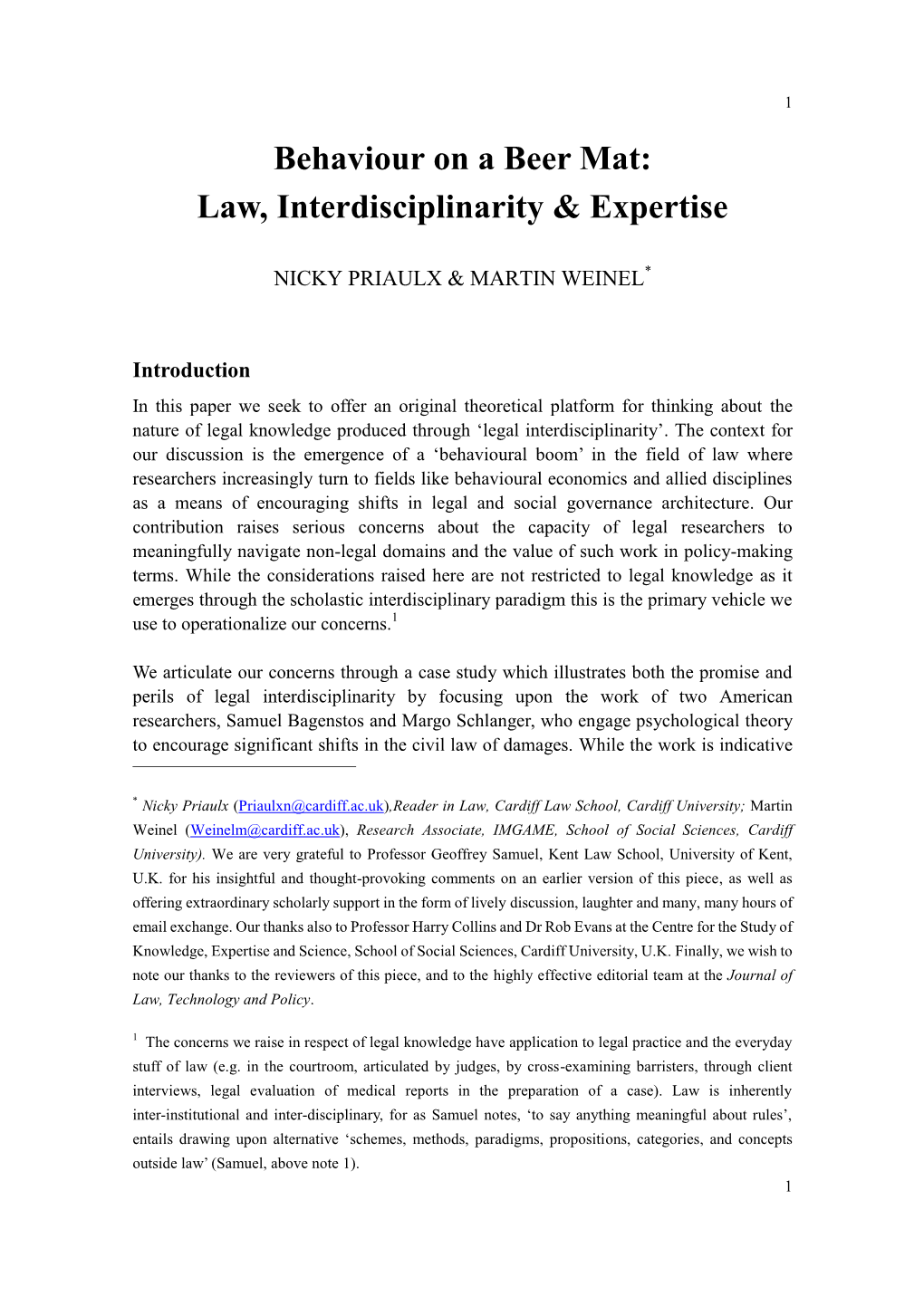 Behaviour on a Beer Mat: Law, Interdisciplinarity & Expertise