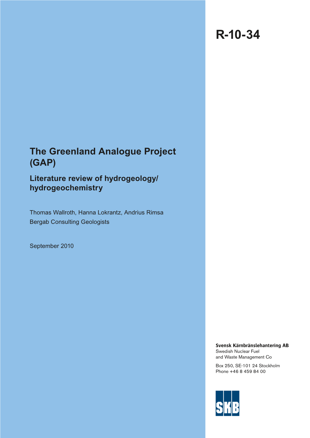 The Greenland Analogue Project (GAP) Literature Review of Hydrogeology/ Hydrogeochemistry