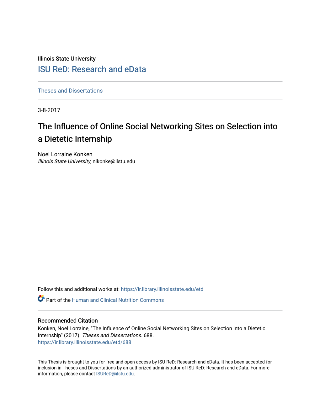 The Influence of Online Social Networking Sites on Selection Into a Dietetic Internship