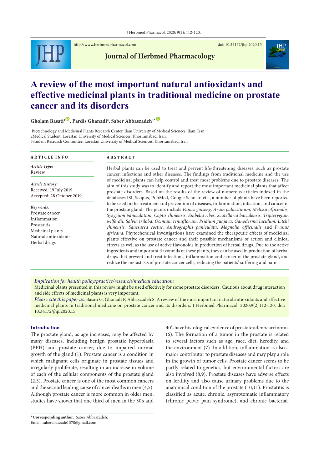 A Review of the Most Important Natural Antioxidants and Effective Medicinal Plants in Traditional Medicine on Prostate Cancer and Its Disorders