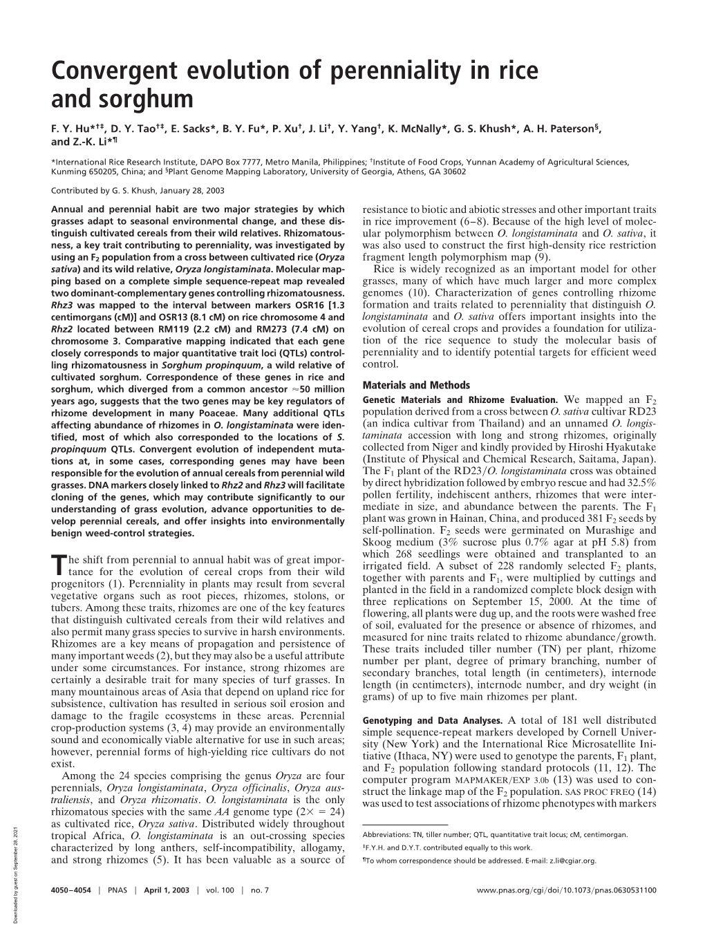 Convergent Evolution of Perenniality in Rice and Sorghum