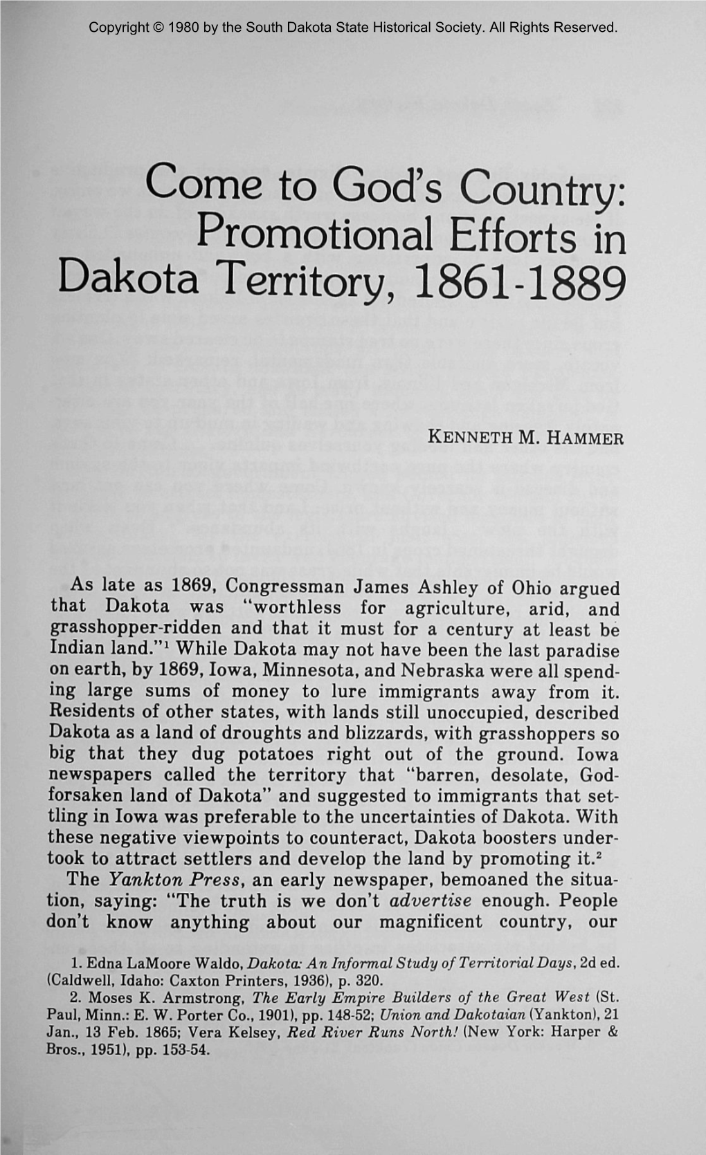 Come to God's Country: Promotional Efforts in Dakota Territory, 1861-1889