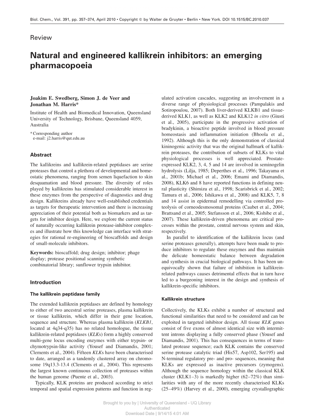 Natural and Engineered Kallikrein Inhibitors: an Emerging Pharmacopoeia