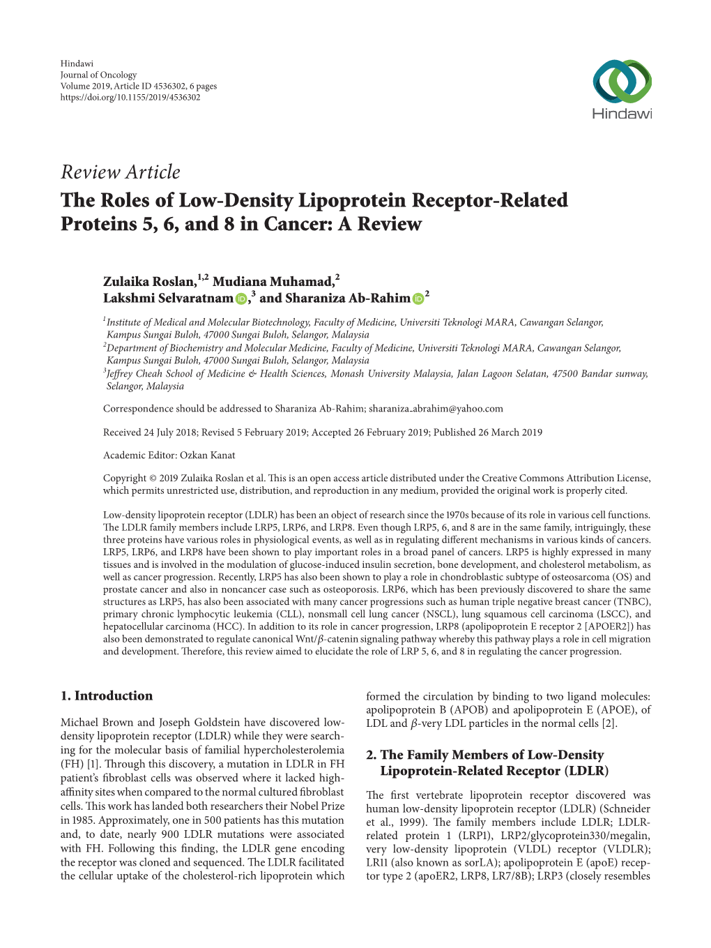 The Roles of Low-Density Lipoprotein Receptor-Related Proteins 5, 6, and 8 in Cancer: a Review