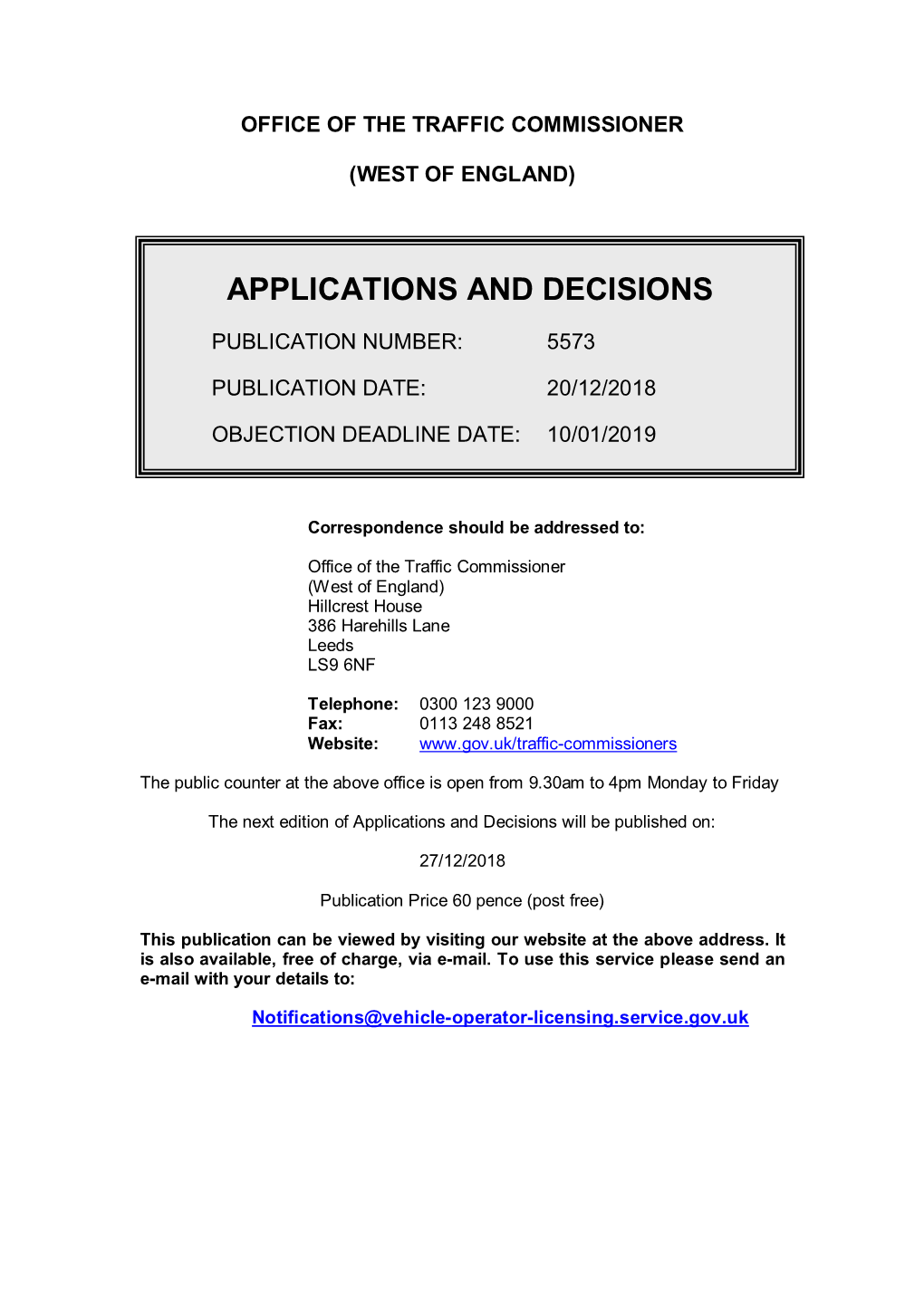 Office of the Traffic Commissioner (West of England) Applications And