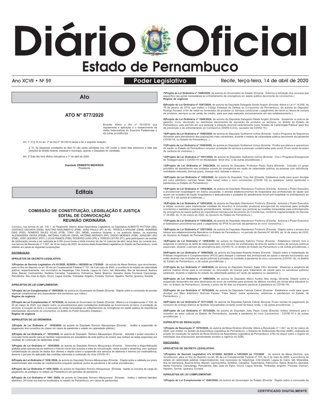 Estado De Pernambuco Ano XCVII • N0 59 Poder Legislativo Recife, Terça-Feira, 14 De Abril De 2020