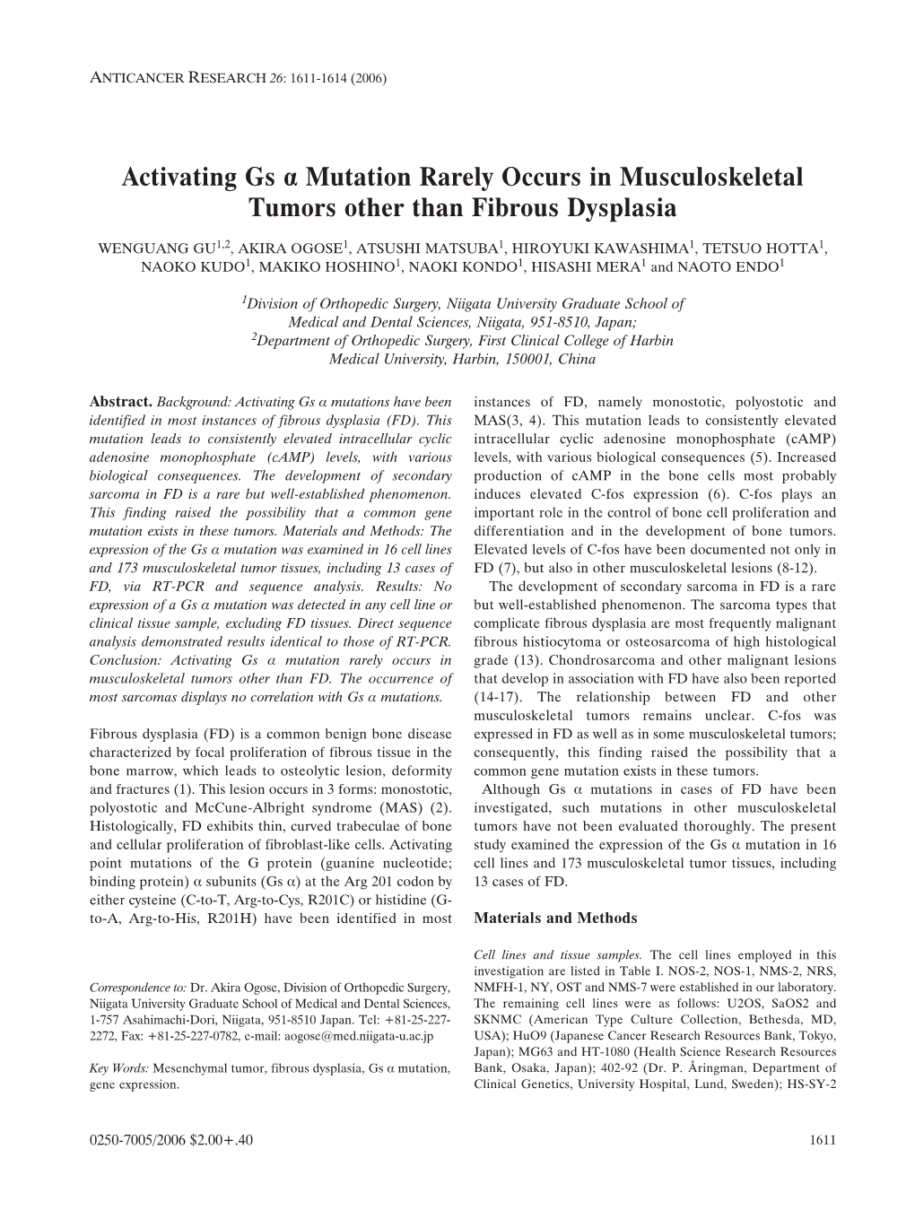 Mutation Rarely Occurs in Musculoskeletal Tumors Other Than Fibrous Dysplasia