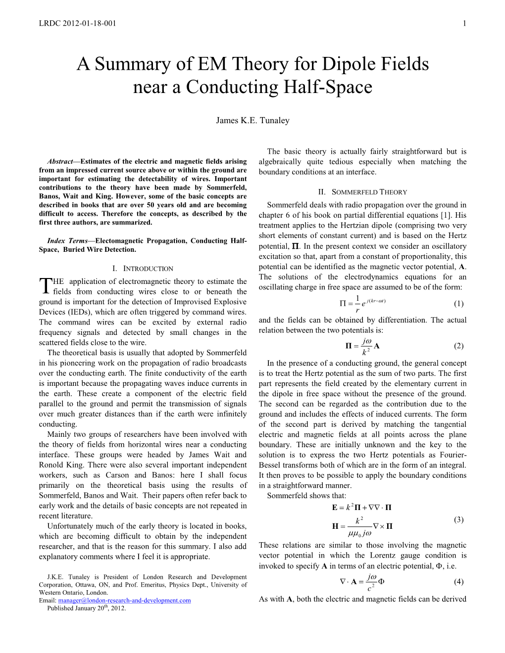 A Summary of EM Theory for Dipole Fields Near a Conducting Half-Space