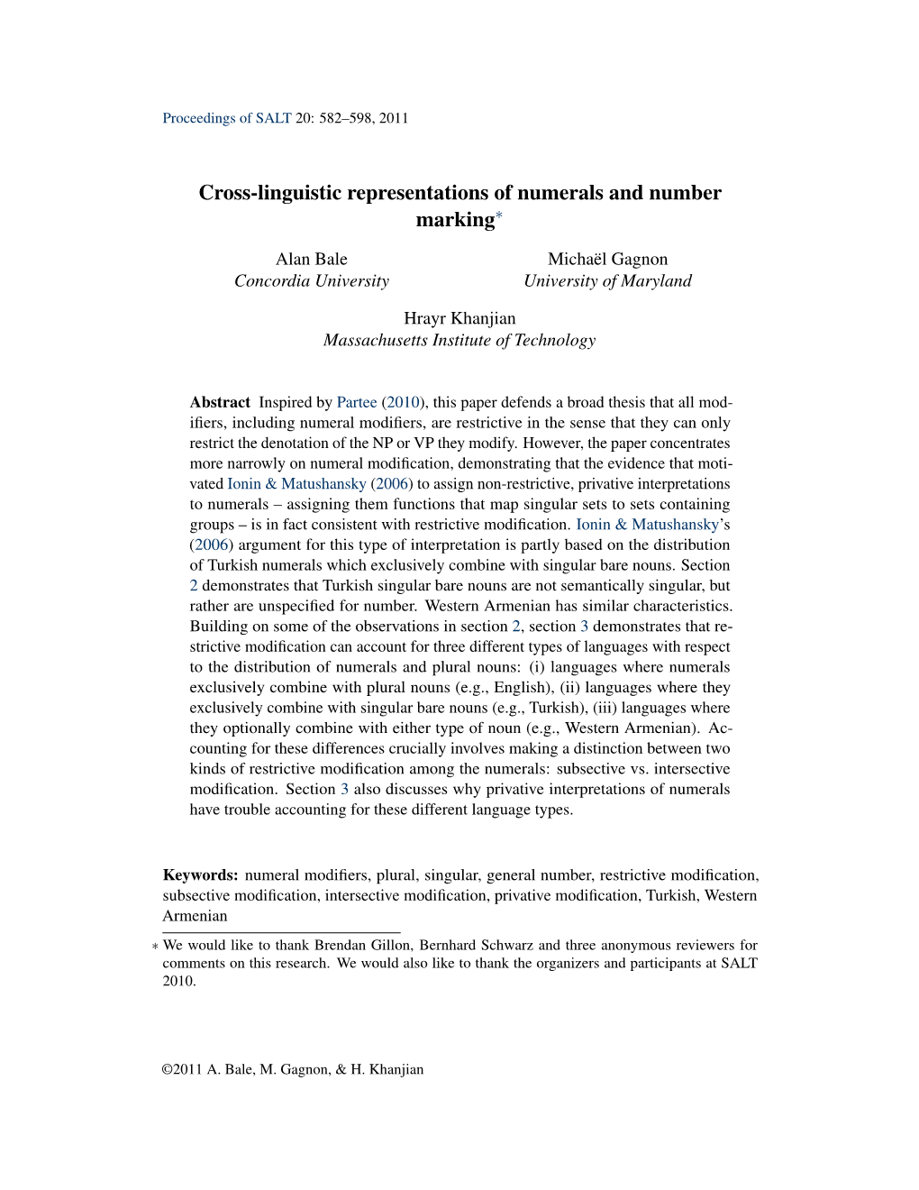 Cross-Linguistic Representations of Numerals and Number Marking∗