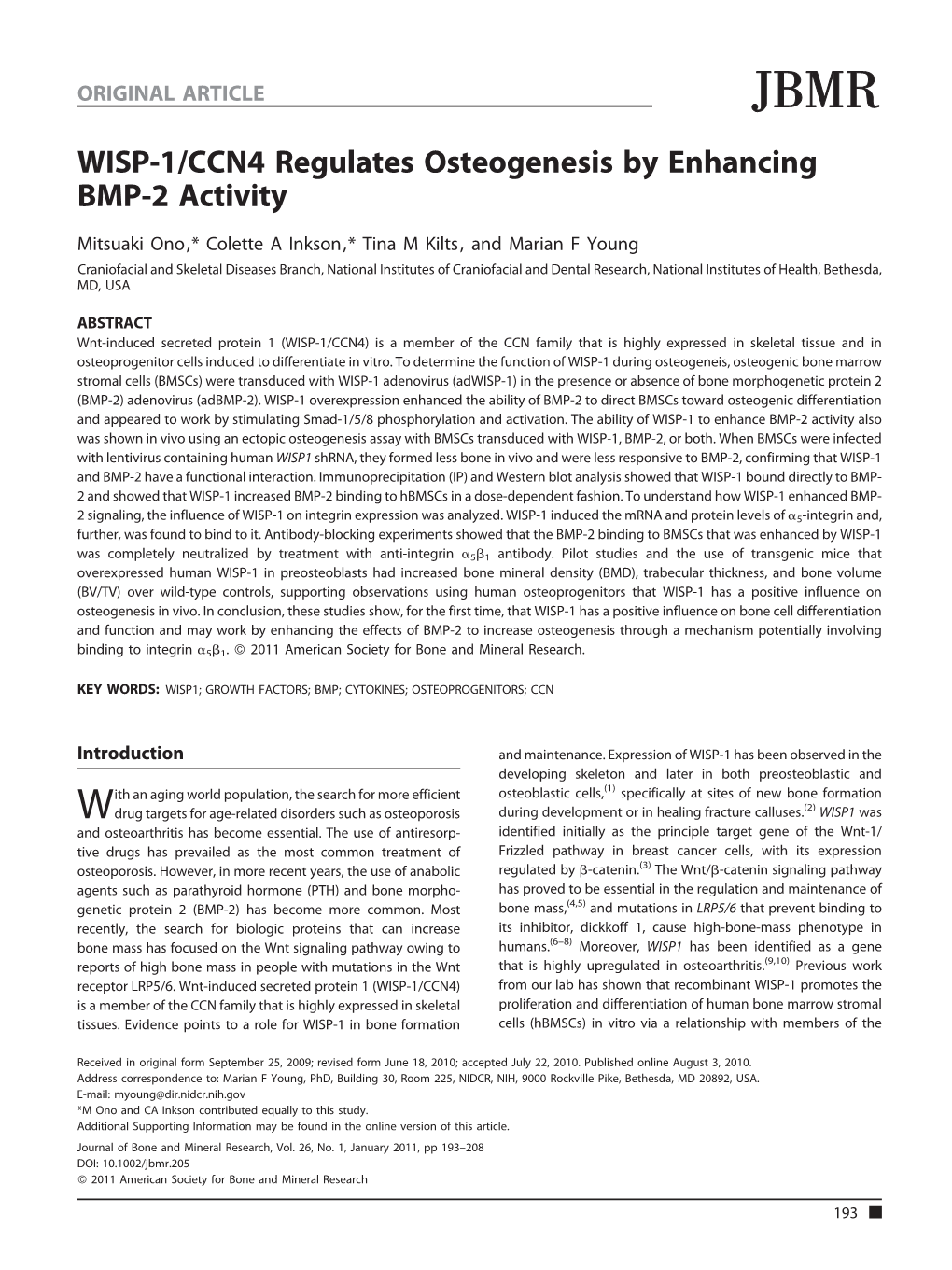 WISP1/CCN4 Regulates Osteogenesis by Enhancing BMP2 Activity