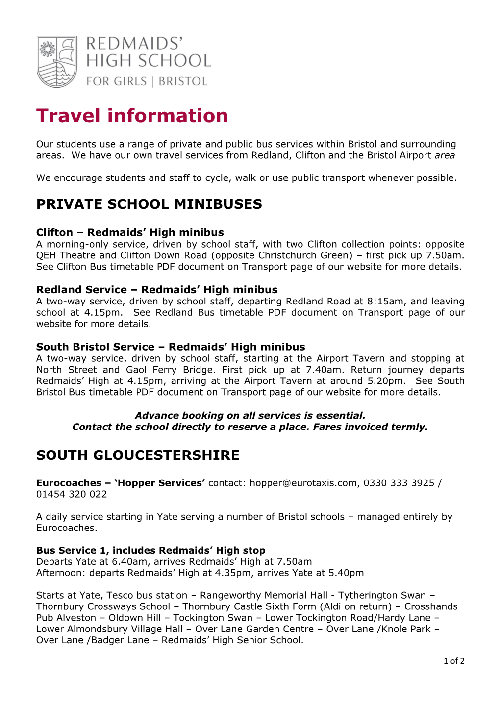 Redmaids' High Travel Information