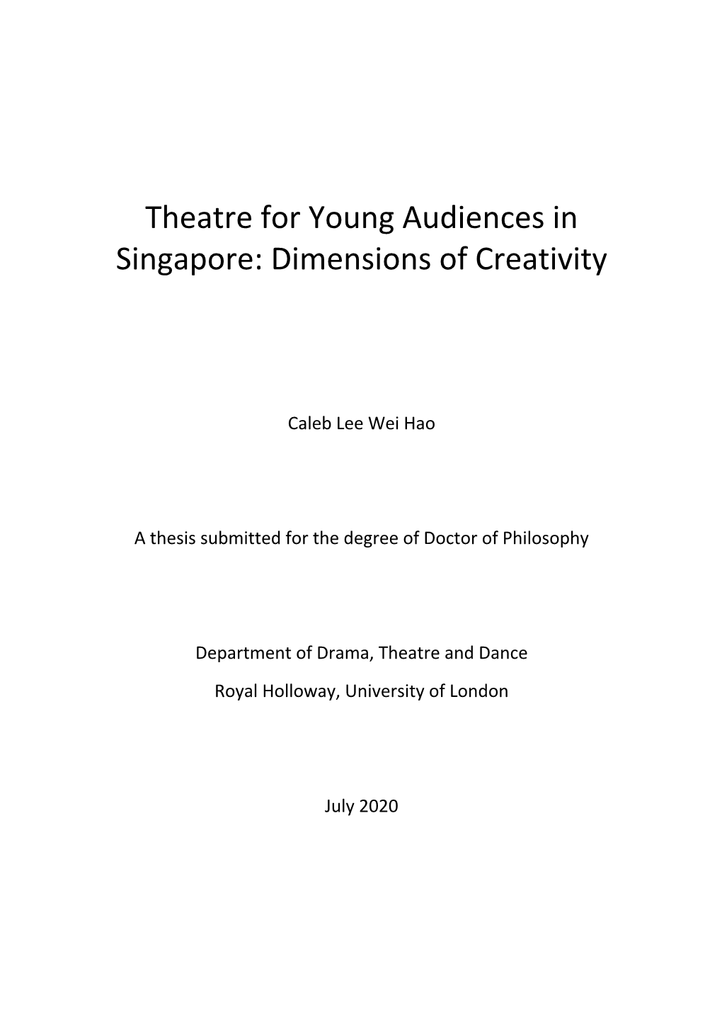 Theatre for Young Audiences in Singapore: Dimensions of Creativity